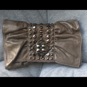BCBGMAXAZRIA Brown Gray Bow Studded Clutch